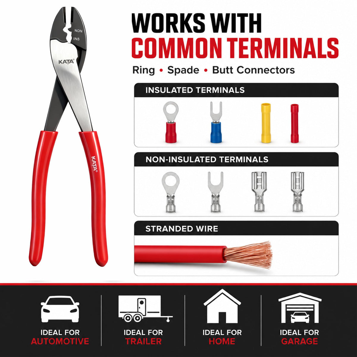 KATA 9.5" Wire Crimpers/Cutter Tool, 10-22 AWG Terminal Crimping Pliers