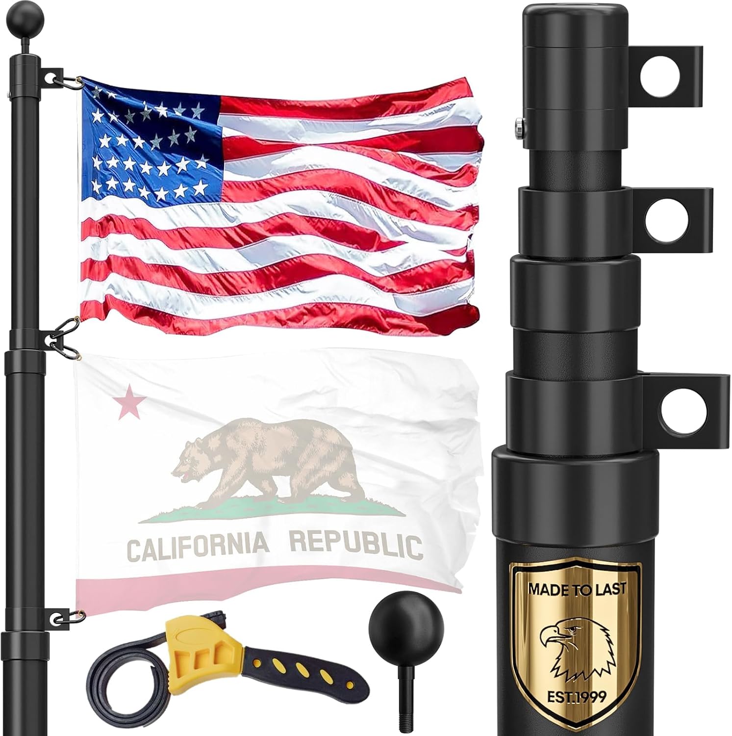 20 FT Heavy Duty Telescoping Flag Pole, 120MPH Wind Test 9 Gauge | 45K PSI & 95 HBW Hard Aerospace Aluminum Flagpole