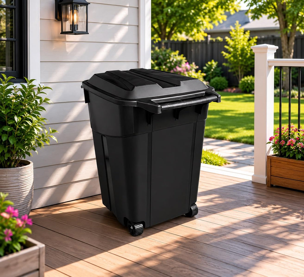 45 Gallon Outdoor Trash Can with Wheels and Fixed Lid, Heavy Duty Rolling Trash Bin for Patio, Garage and Roadside