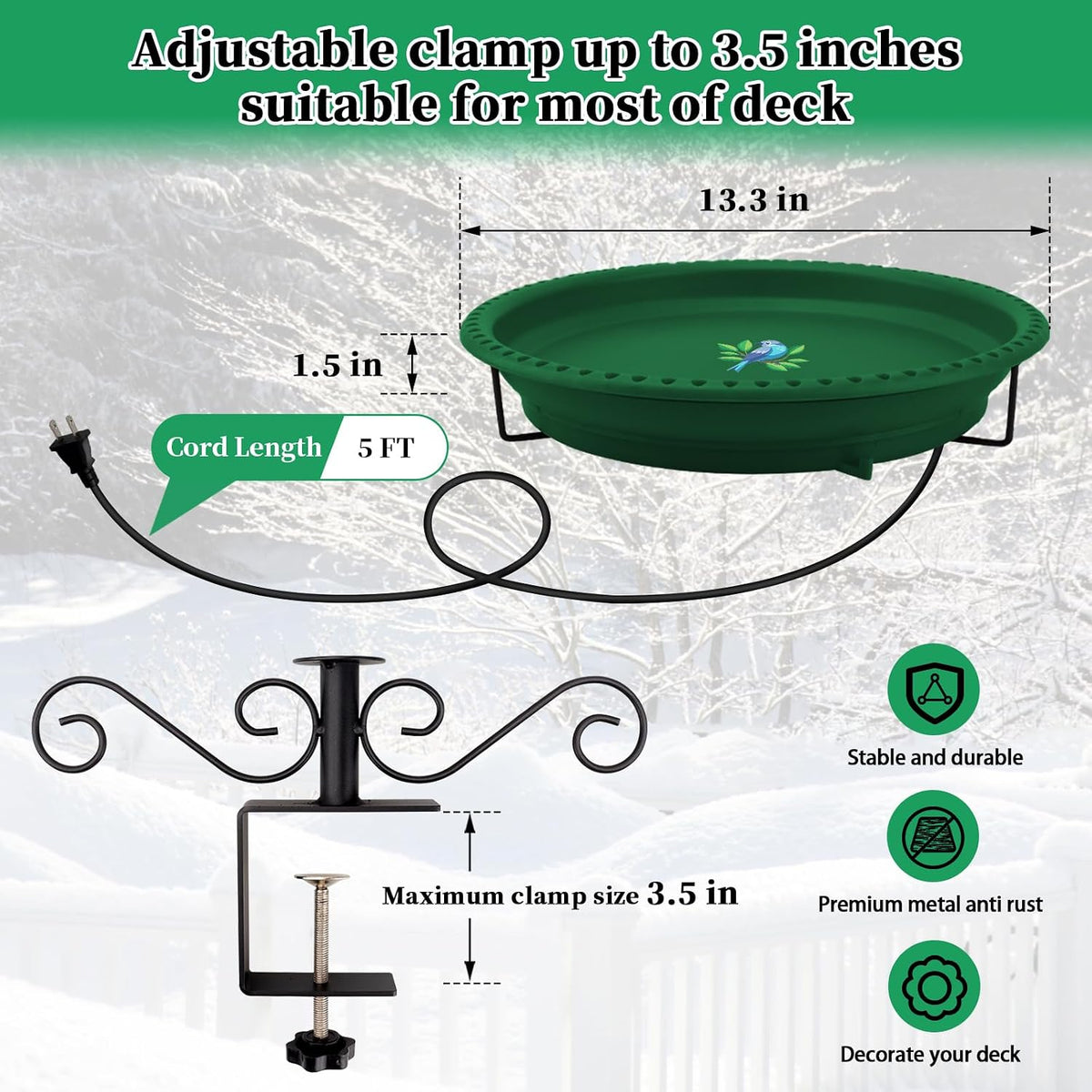 Heated Bird Bath for Outdoors Deck Railing, 100W Heated Birdbath, Green