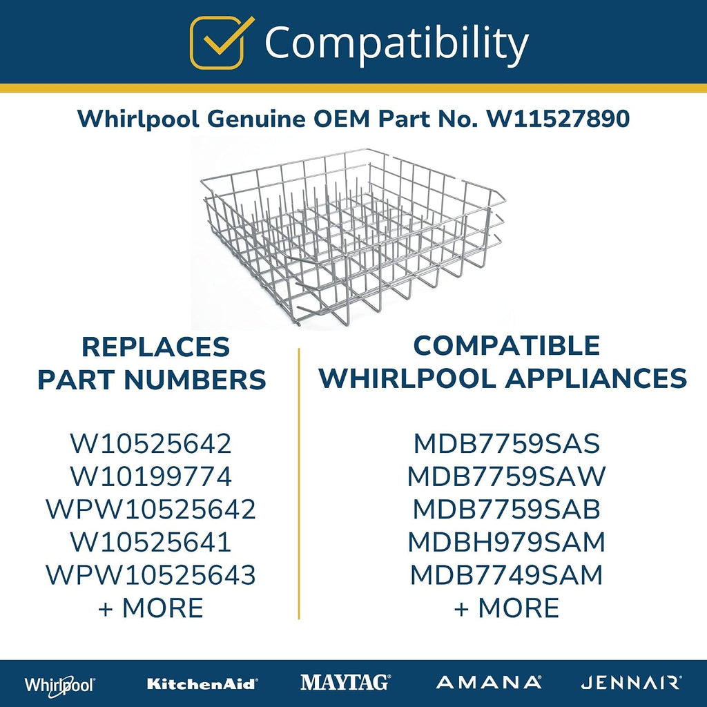 Whirlpool W11527890 Genuine OEM Dishwasher Lower Dishrack Assembly Replacement Part - Replaces W10525642, W10199774, and more