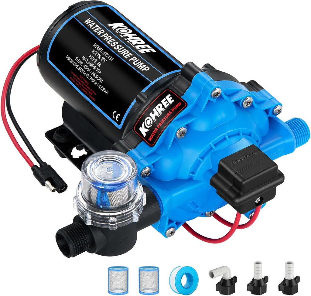 Kohree 12V RV Water Pump 7GPM 70 PSI, Self-Priming 5-Chamber Diaphragm Pump