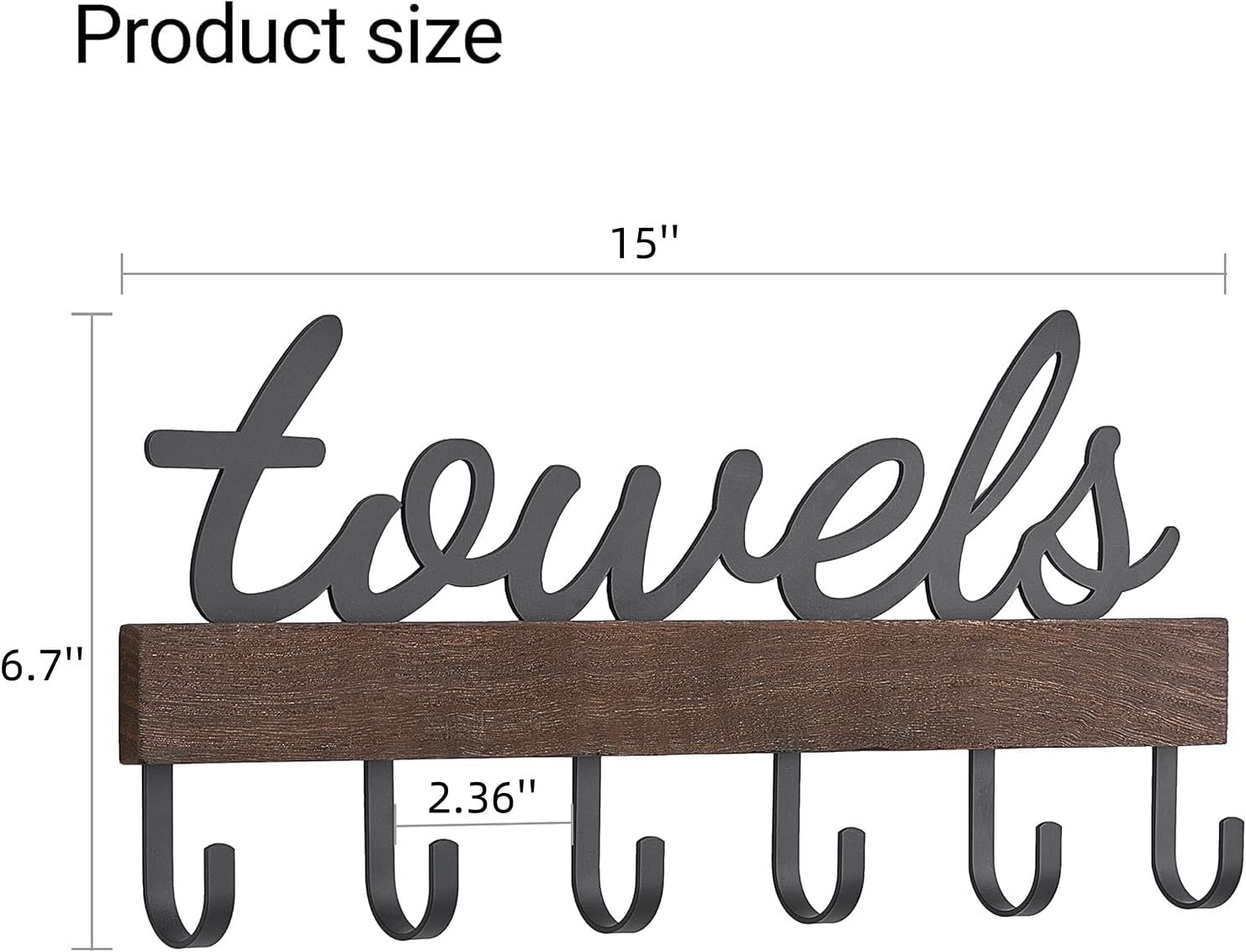 Small Towel Rack with 6 Hooks Wall Mounted Wooden Holder for Bathroom | Rustic Wood & Metal Hooks, Easy Mount