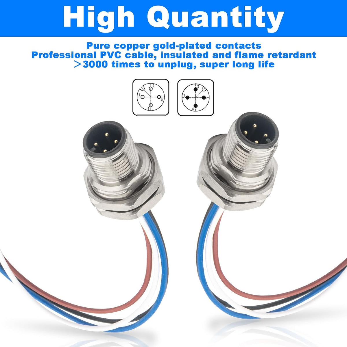 2-Pack M12 4 Pin A-Code Male Connector Cable 0.7FT