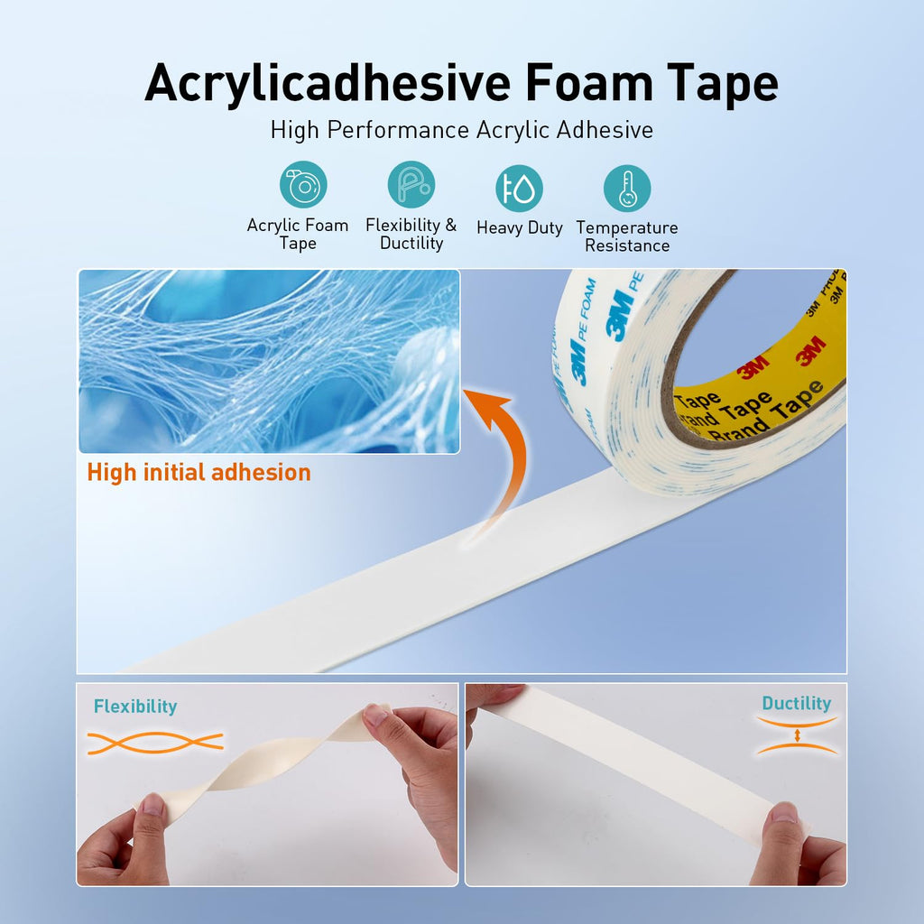 3M Double Sided Tape, 1/2" x 18Ft Foam Tape, 1600T, White