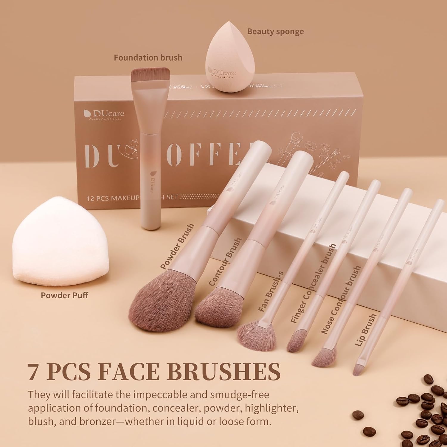 14pcs Makeup Gift Set,12Pcs Coffee Series Makeup Brush set with 2pcs Makeup Sponges Foundation Blending Face Powder