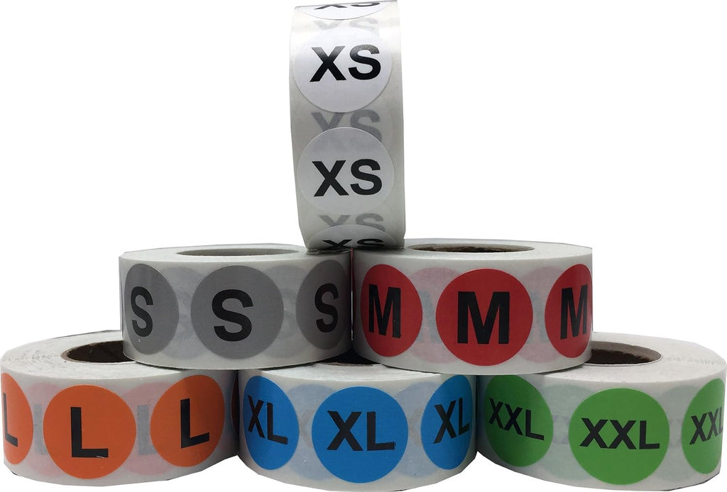 Color Coded Circle Clothing Size Stickers Pack, 19 mm 3/4 Inch Round, Includes 1 Roll of XS, S, M, L, XL, and XXL