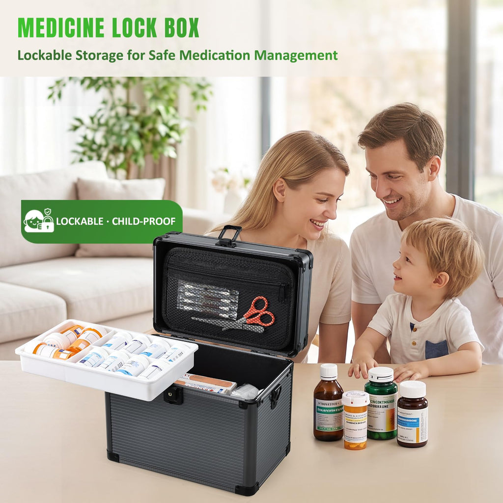 10-inch Lockable Medicine Box with Tray, Medication Lock Box First Aid Box