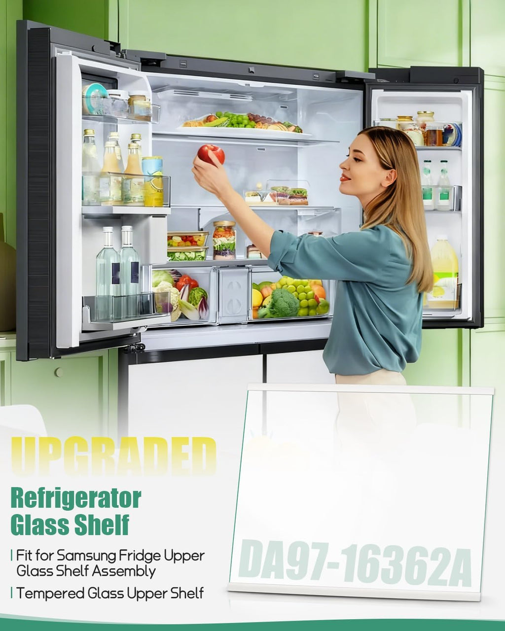 DA97-16362A Refrigerator Glass Shelf Fit for Samsung Refrigerator, Replace DA97-16362T AP6025092 PS17501265, Freezer Tempered Glass Shelf