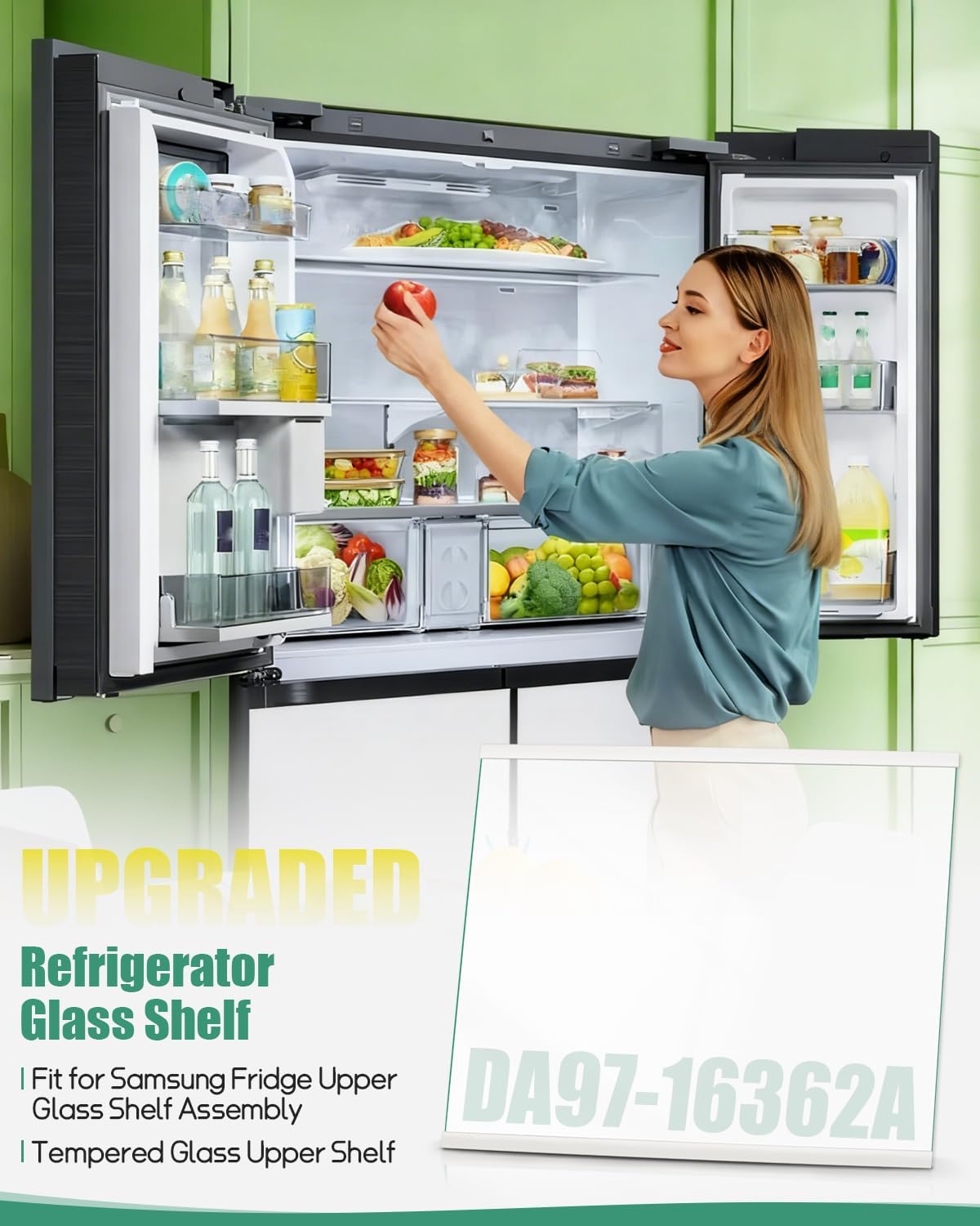 DA97-16362A Refrigerator Glass Shelf Fit for Samsung Refrigerator, Replace DA97-16362T AP6025092 PS17501265, Freezer Tempered Glass Shelf