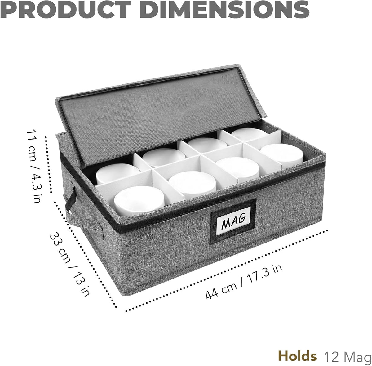 Mug Storage Box with 12 Compartments, Gray Hard Shell Container, Padded Dividers, Dual Handles, Zipper Lid for Coffee