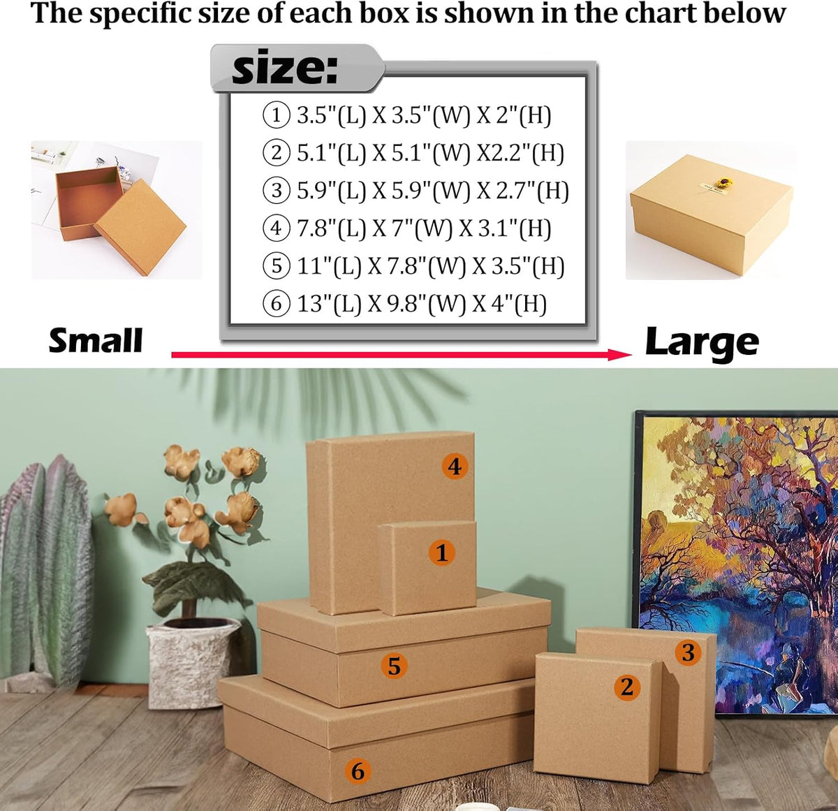 Gift Boxes with Lids for Presents, Set of 6 Empty Gift Boxes, Natural and Rustic Kraft Gift Wrap Boxes, Versatile