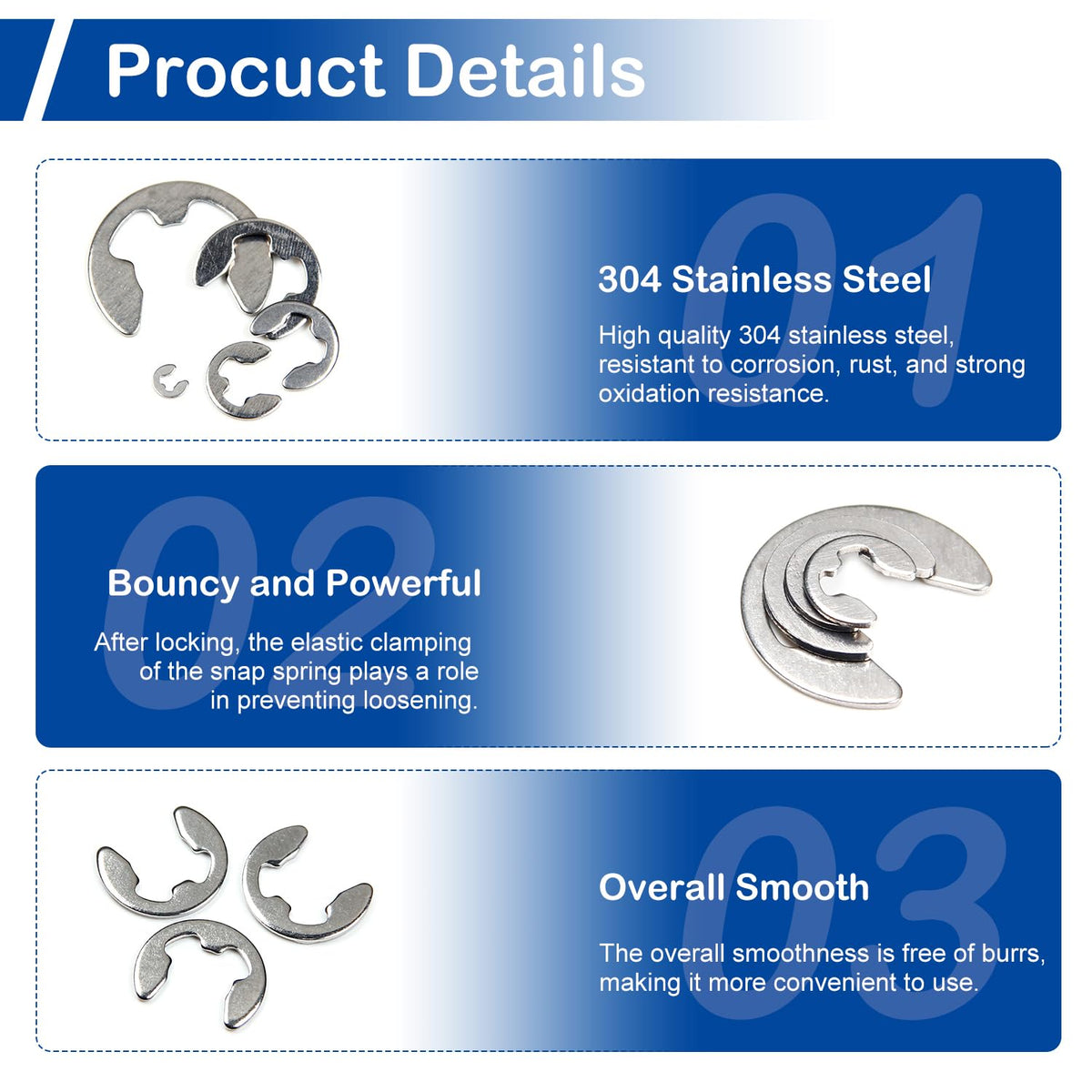 MroMax 300Pcs Stainless Steel E-Clip Assortment Kit, 10 Sizes M1.5 - M10