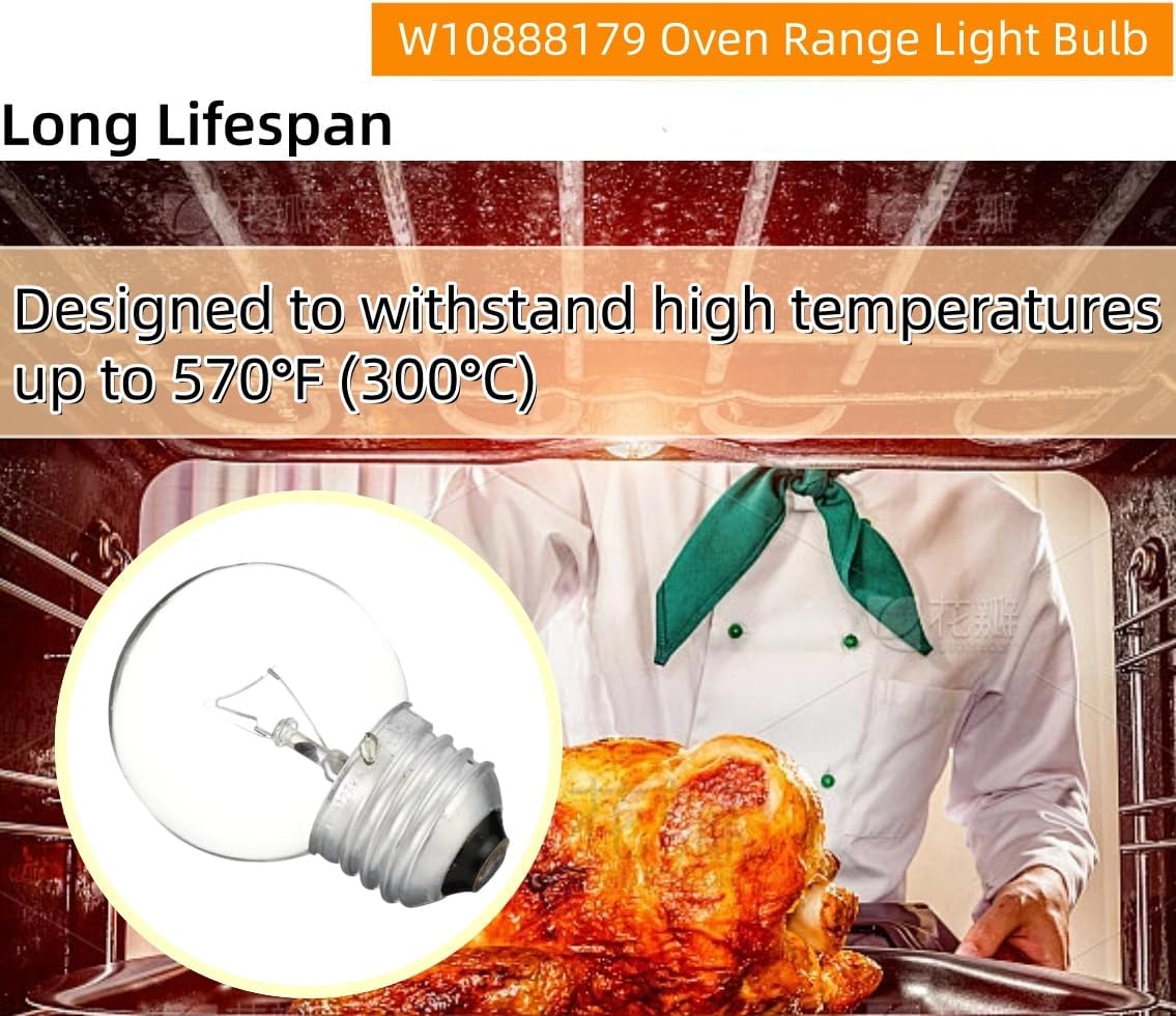 W10888179 Oven Range Light Bulb Lamp 40W fits for GE Whirlpool WFG320M0MS0, AGR6303MMW0, IGS350BW0, W10788320 WPW10888179, W10452019, WPW10452019 -Warm White