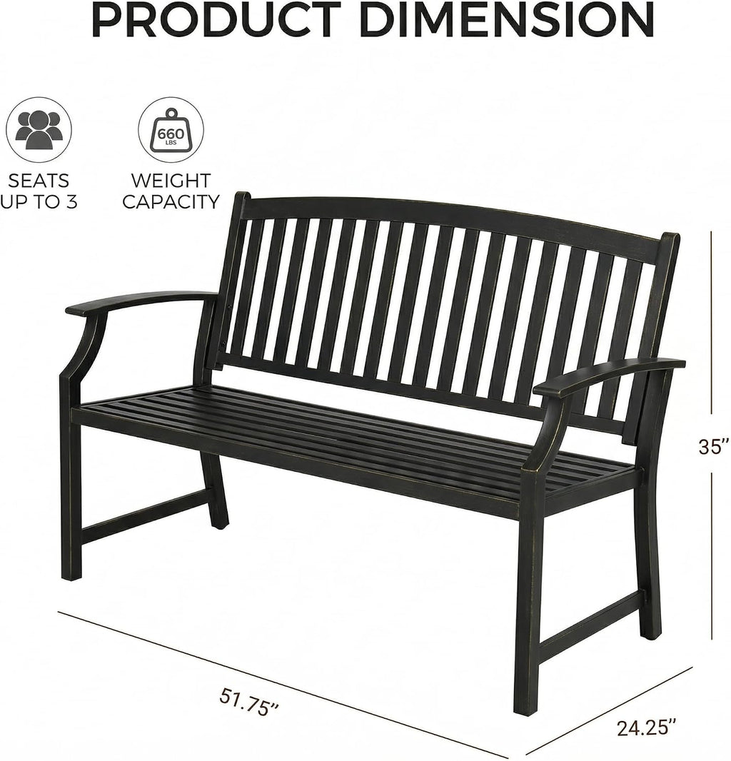 52" Farmhouse Outdoor Bench with Armrest, Black & Gold | Anti-rust Aluminum Frame, Faux Wood Grain Finish