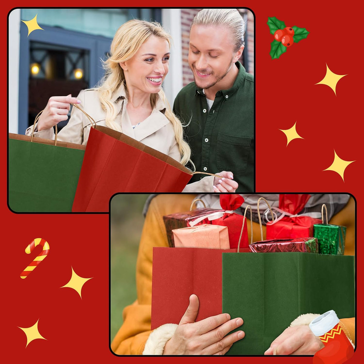 100 Pcs Christmas Gift Bags Red Green Kraft, 16 x 12 x 6 Inch