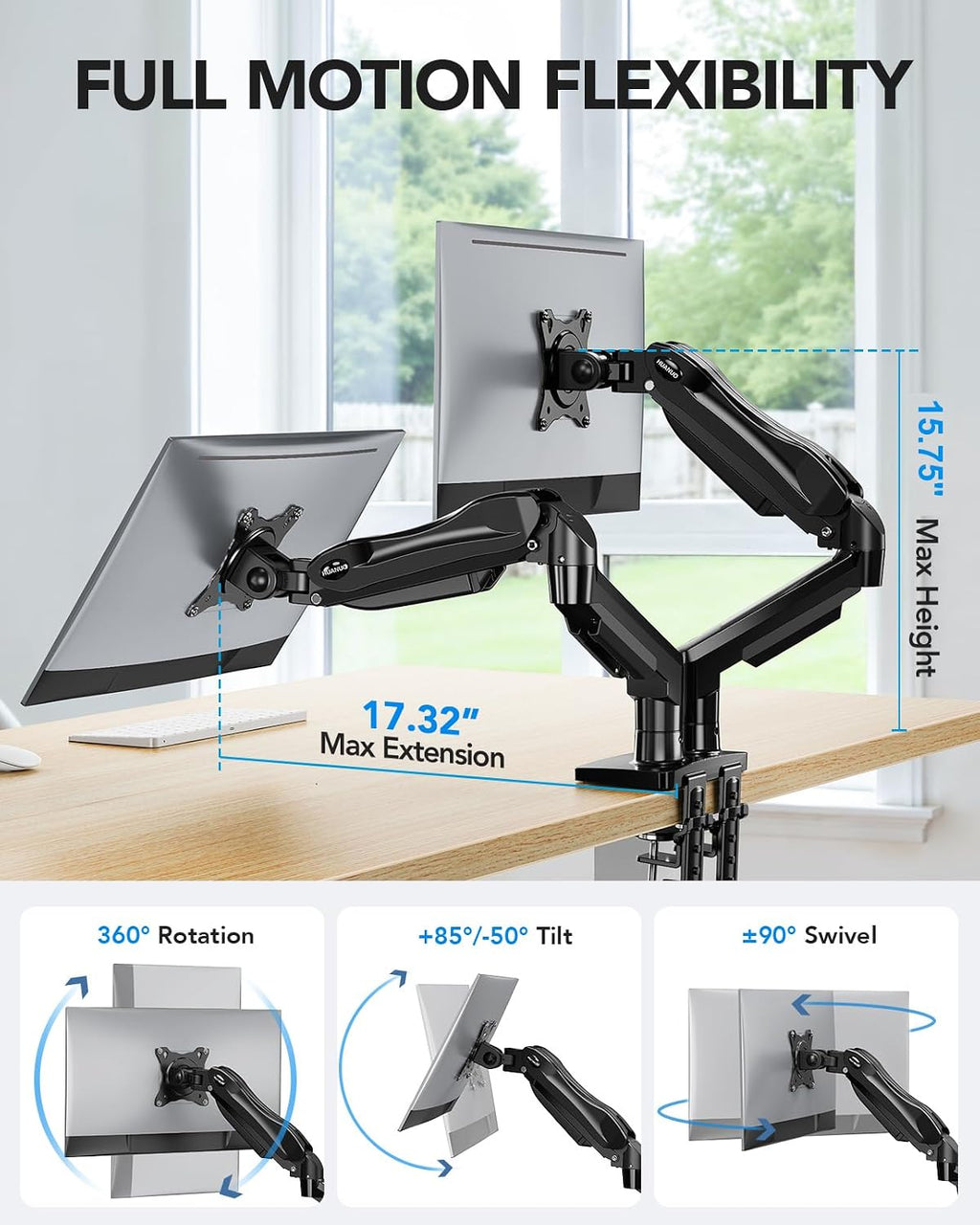 FlowLift Dual Monitor Stand, Fully Adjustable Gaming Monitor Desk Mount for 13–32″ Computer Screens, Full Motion VESA