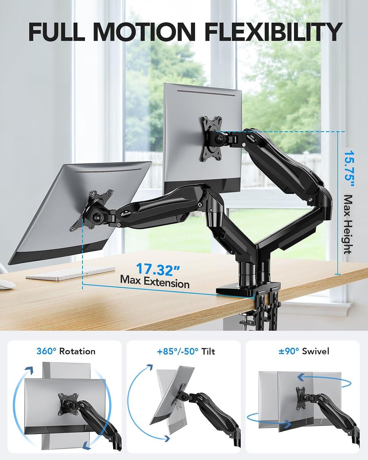 FlowLift Dual Monitor Stand, Fully Adjustable Gaming Monitor Desk Mount for 13–32″ Computer Screens, Full Motion VESA