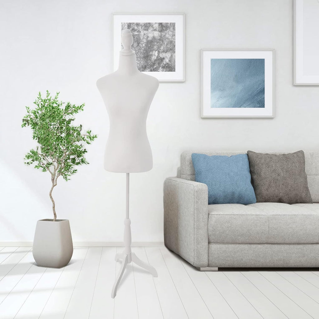 Female Linen Fabric Mannequin Torso Dress Form with Detachable Head, Two Wooden Hands and Height-Adjustable Metal
