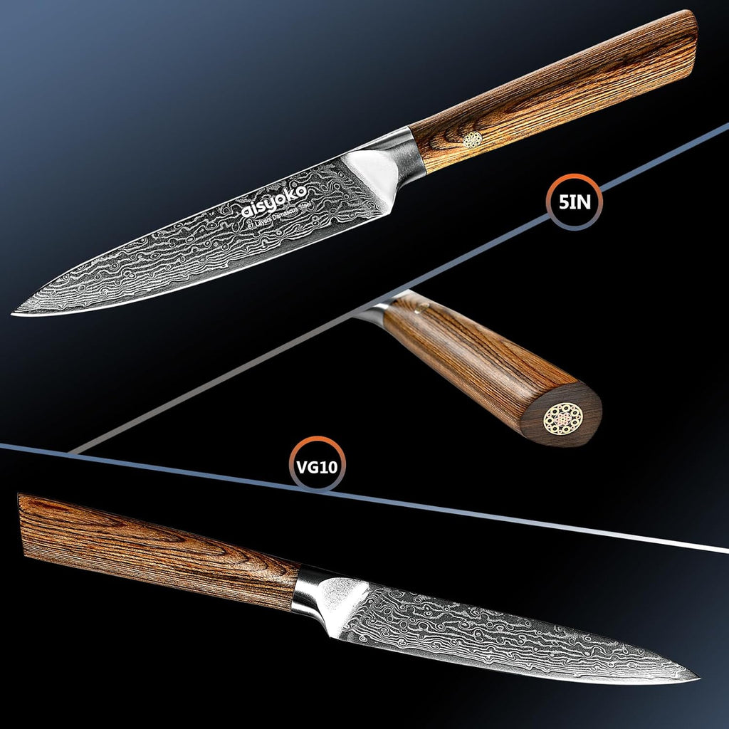 5-Inch Paring Knife - Japanese VG-10 Super Steel 67-Layer Damascus Blade - Fruit Utility Knife for Carving & Peeling