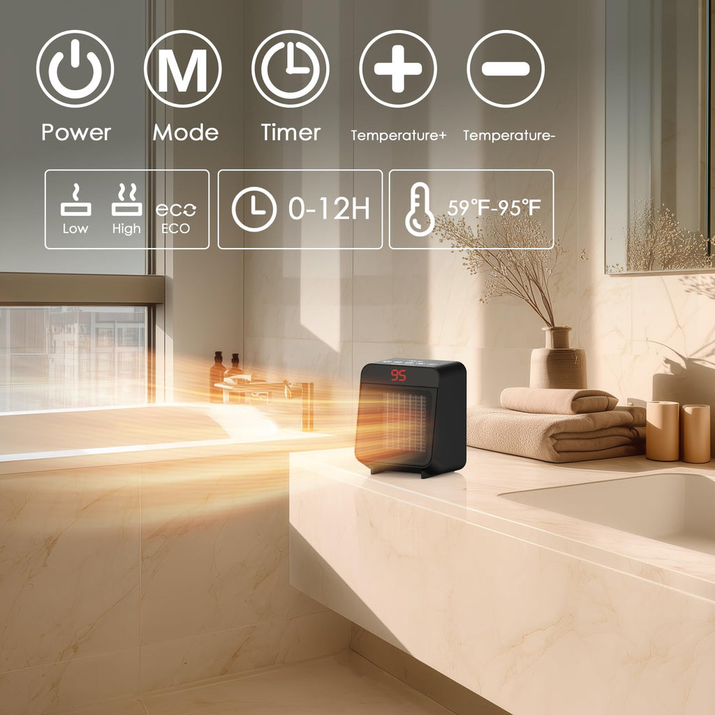 Bathroom Space Heater, 1500W, PTC Ceramic, Black