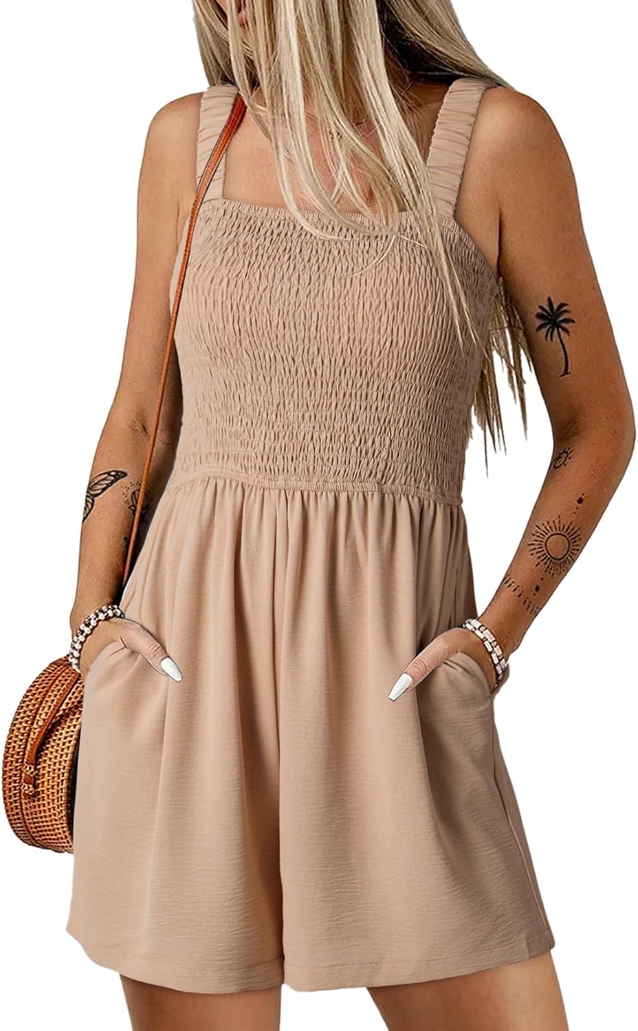 Women's Summer Smocked Rompers Square Neck Loose Shorts Jumpsuits