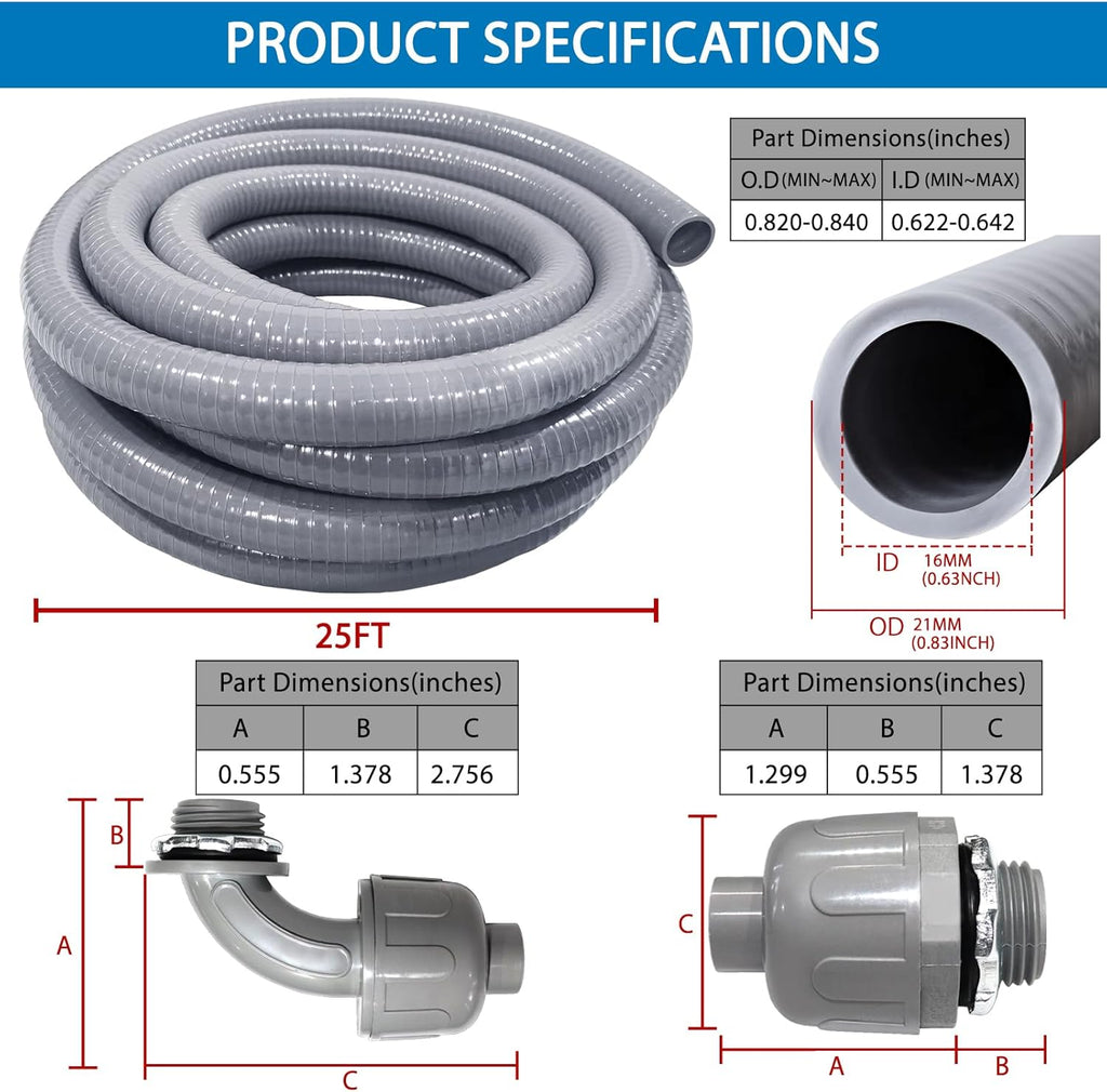 Liquid-Tight Conduit and Connector Kit 1/2 Inch 25 Ft,Flexible Non Metallic Liquid Tight Electrical Conduit UL