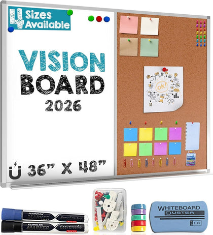 White Board and Cork Board Combo (36x48) Vision Board for 2026 - Half Bulletin Corkboard with Dry Erase Whiteboard