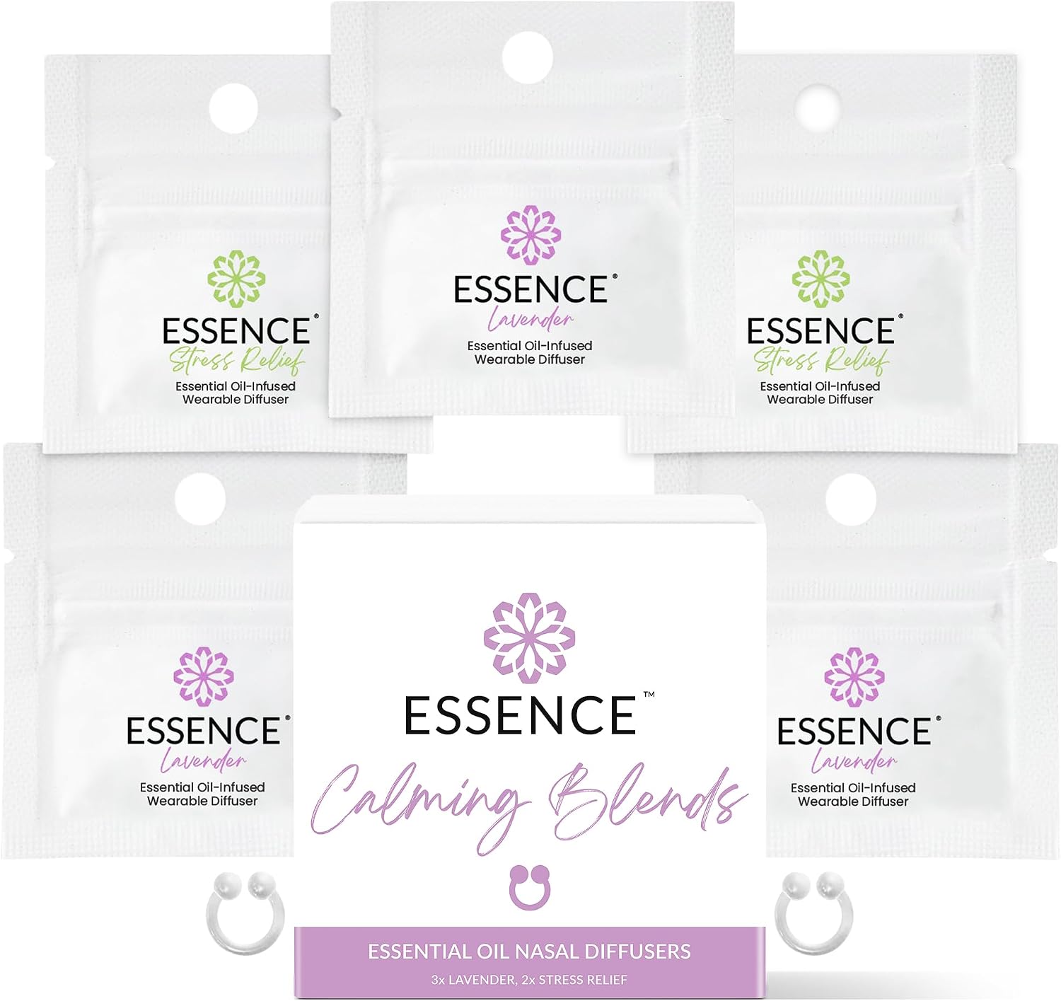 Essence Nasal Diffuser Calming Bundle – Aromatherapy Essential Oil Silicone Nose Rings for Stress & Sleep Support –