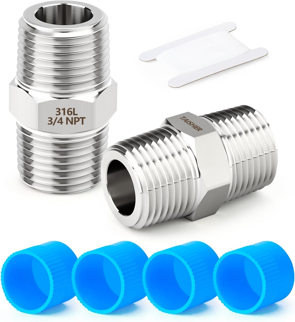 TAISHER 2PCS Forging of 316L Stainless Steel Hex Nipple, 3/4" NPT Male Pipe Fitting