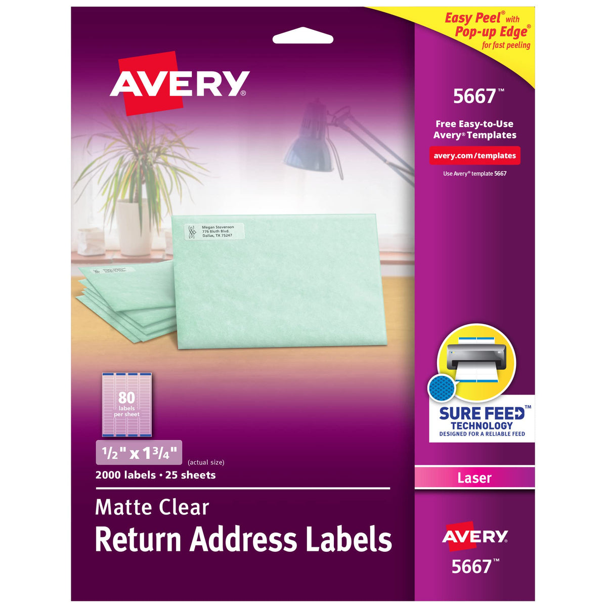 Matte Clear Return Address Labels, Sure Feed Technology, Laser, 1/2" x 1-3/4", 2,000 Labels, 5 Packs (5667)