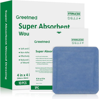 Super Absorbent Wound Dressing 4"x 4" 10 Individual Pack Fast Healing Wound Care Non Stick Bandages Gauze Pads for