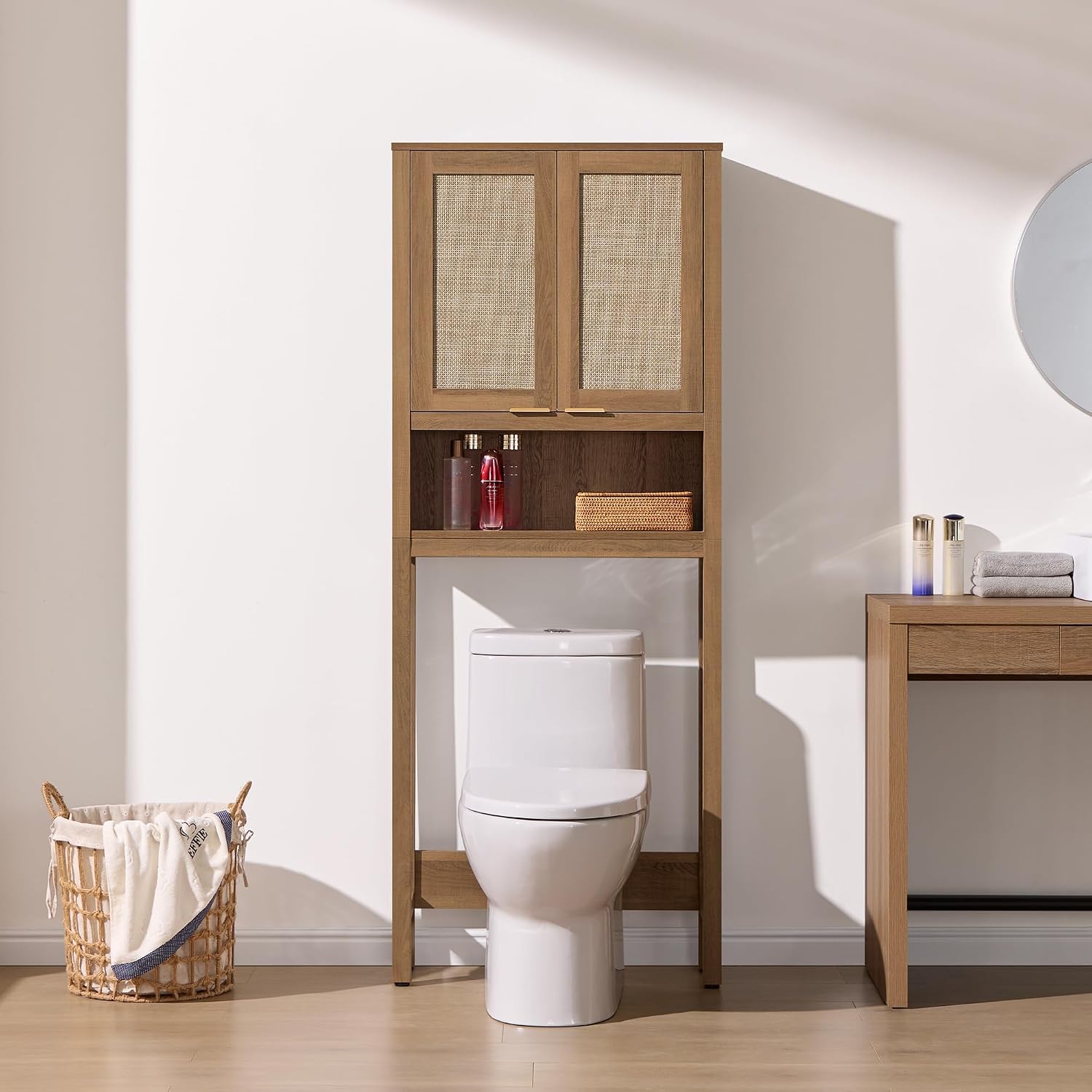Over the Toilet Storage Cabinet, Rattan Door Bathroom Organizer | Freestanding Bathroom Organizer with Adjustable