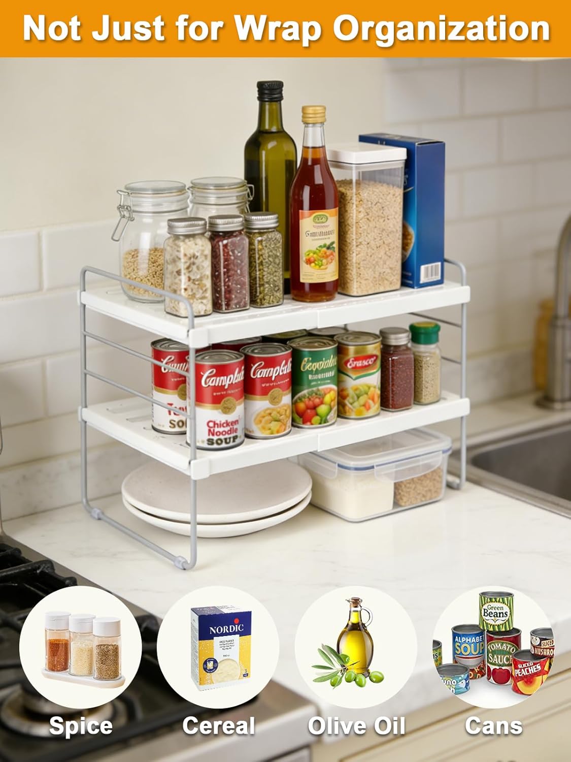 Foil and Plastic Wrap Organizer, Expandable Kitchen Pantry Storage, Height Adjustable Cabinet Rack for Kitchen