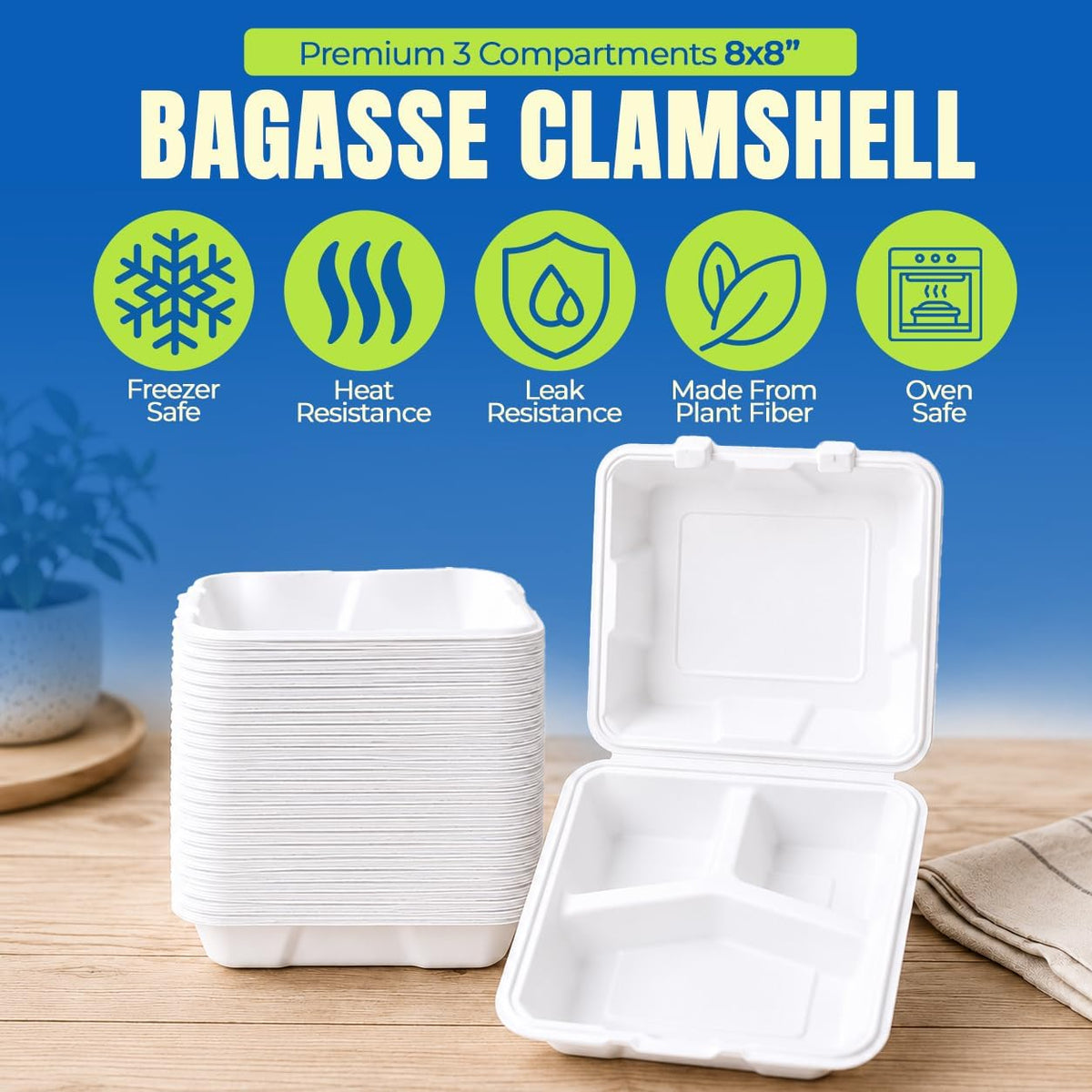 . 8x8'' Compostable 3-Compartment Takeout Containers,100 Pack, Eco-Friendly Biodegradable To Go Boxes, Heavy-Duty