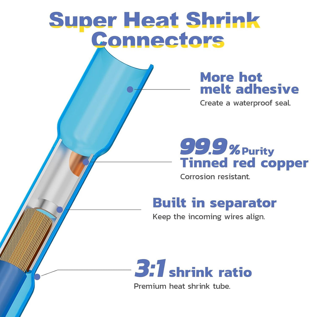 250PCS Yellow Heat Shrink Butt Connectors 12-10 AWG | 3:1 adhesive-lined heat shrink, built-in wire stop, single-size