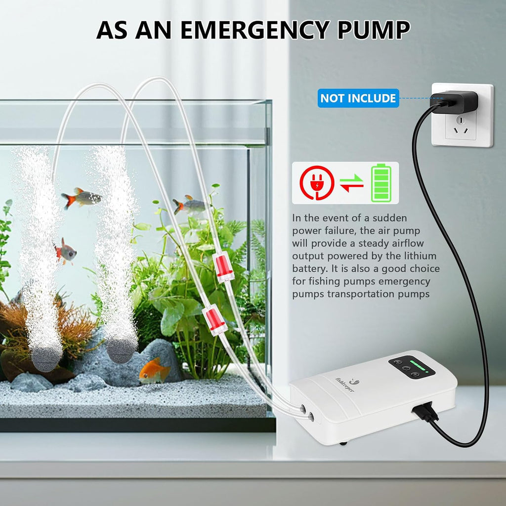Battery Powered Aquarium Air Pump, USB Rechargeable Aerator Fish Tank Air Pump for 5-125 Gallons Portable Oxygen Pump