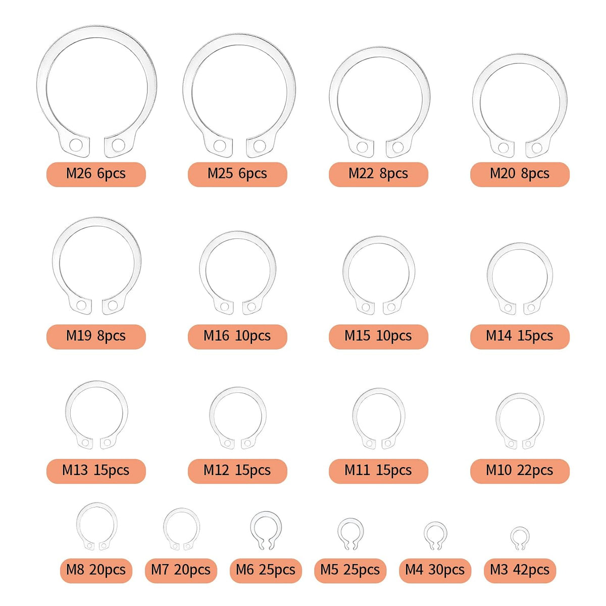300 Pcs Retaining Ring Kit - Internal & External Snap Rings, 18 Sizes
