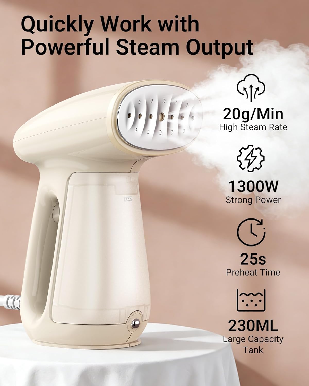 Steamer for Clothes, 1300W 25s Heat-Up Clothes Steamer with 230ml Tank | Essential Oil Compatible,20g/min Steam