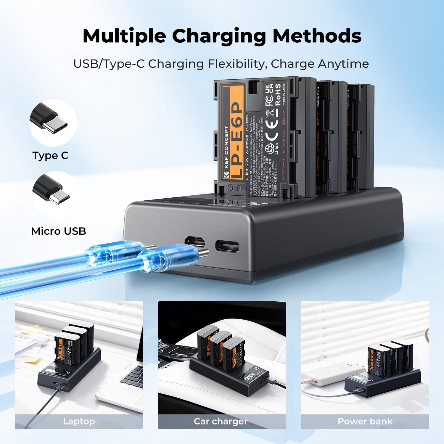 3-Pack LP-E6P Battery Charger, 2400mAh R6 Mark III Battery Compatible with Canon R6 Mark II III, R5 Mark II, C50