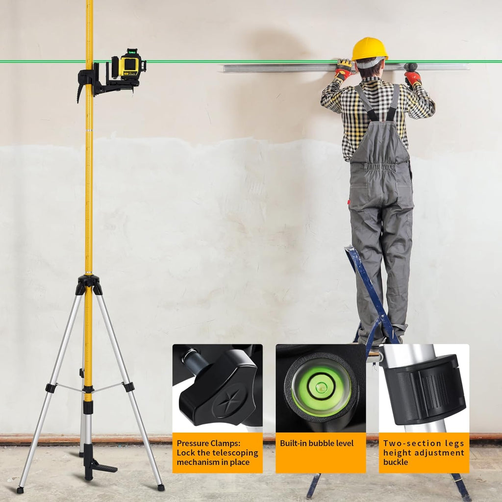 12 Ft./3.7M Professional Laser Level Pole with Tripod and 1/4-Inch by 20-Inch Laser Mount for Rotary and Line Lasers