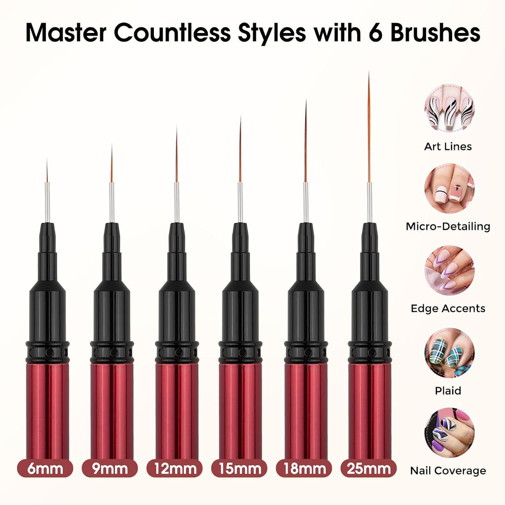 Nail Art Brushes, Nail Liner Brushes, 6Pcs Fine Nail Art Brushes