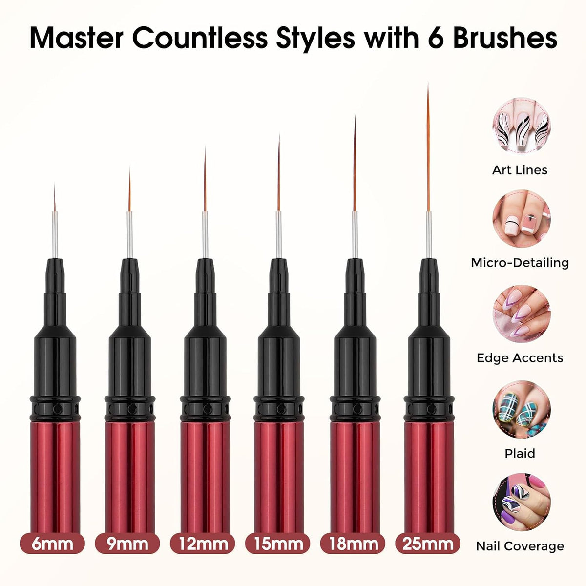 Nail Art Brushes, Nail Liner Brushes, 6Pcs Fine Nail Art Brushes