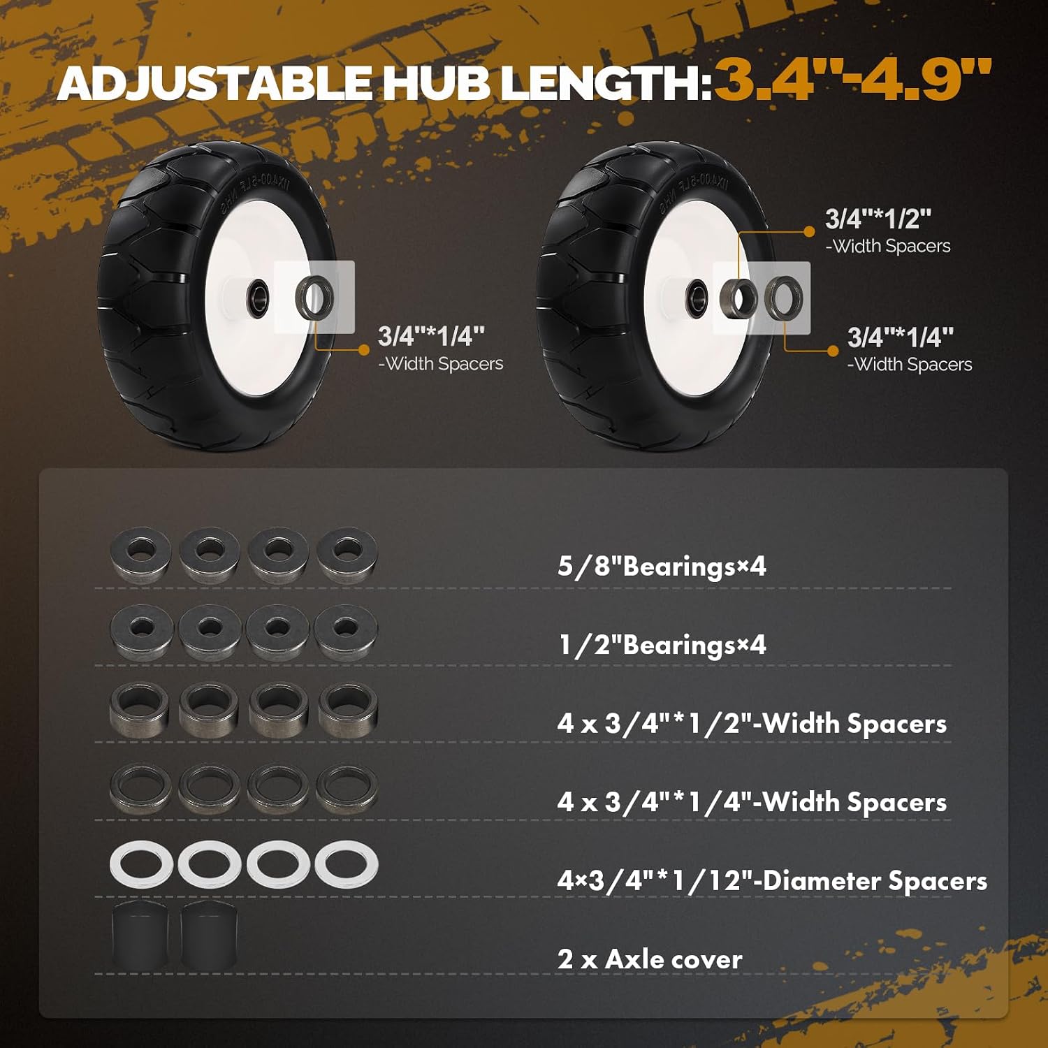 11x4.00-5 Flat Free Lawn Mower Tires and Wheels-3/4" 5/8" 1/2" Bearings & 3.4-4.9" Adjustable Centered Hub Length, 2