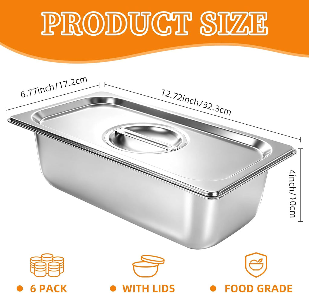 1/3 Size Hotel Pans with Lids, (6 PK) Stainless Steel Food Pans