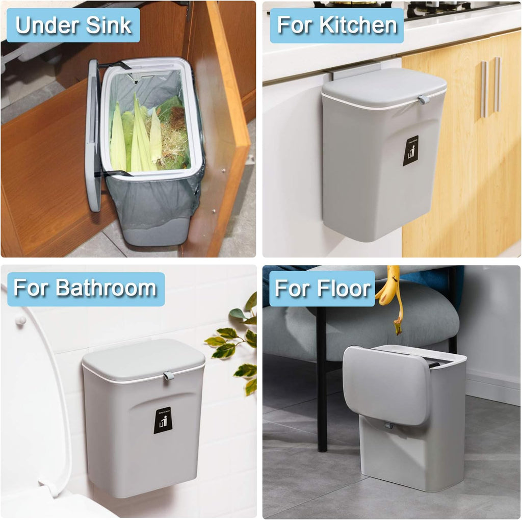 2.4 Gallon Kitchen Compost Bin for Counter Top or Under Sink, Hanging Small Trash Can with Lid for