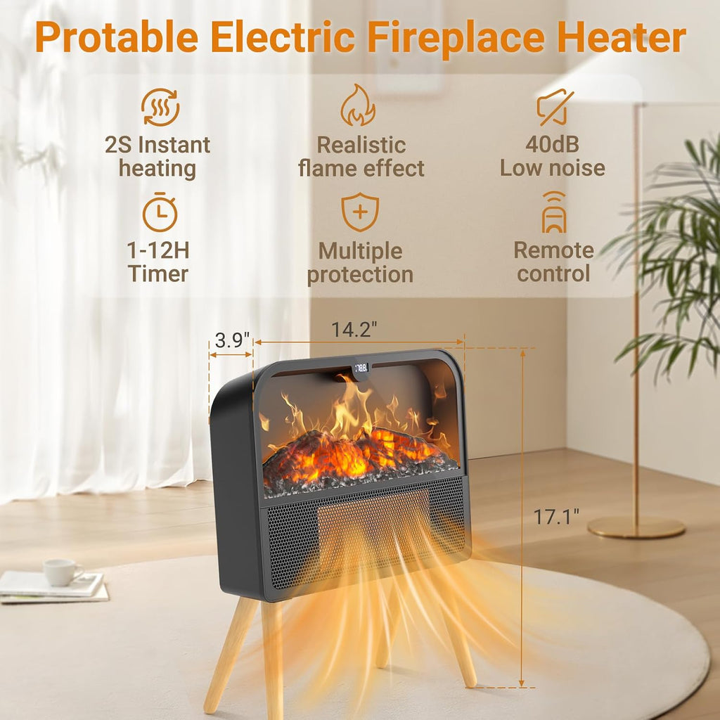 Electric Fireplace Heater, Ultra-Thin Electric Fireplace Stove with Realistic Flame & Solid Wood Stand, 17" Portable
