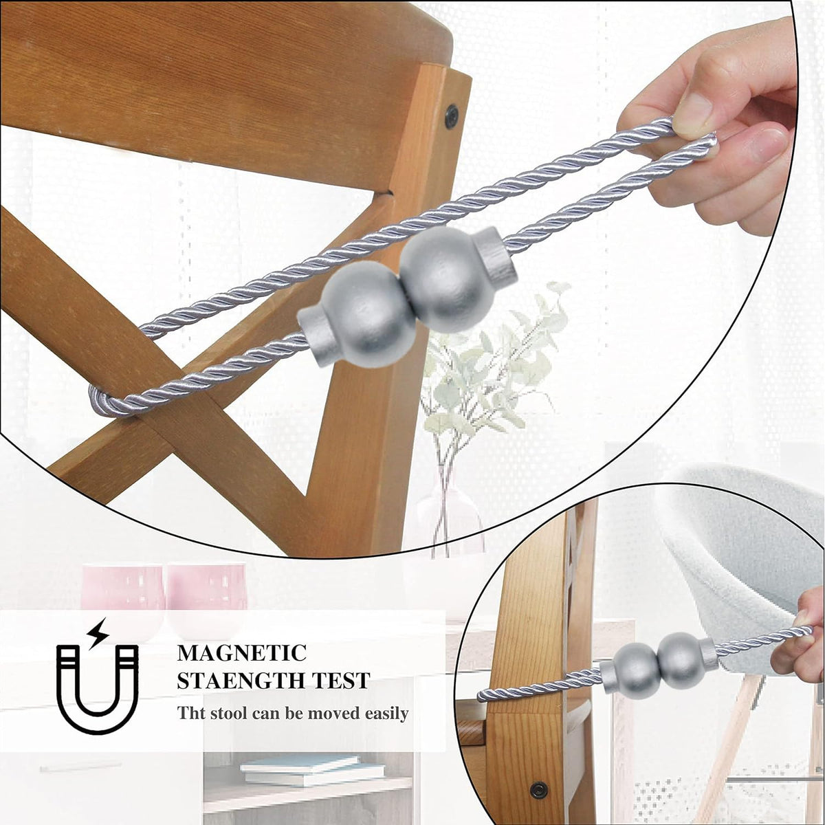 2Pcs Magnetic Curtain Tiebacks Modern Handmade Rope Curtain Tie Backs Grey