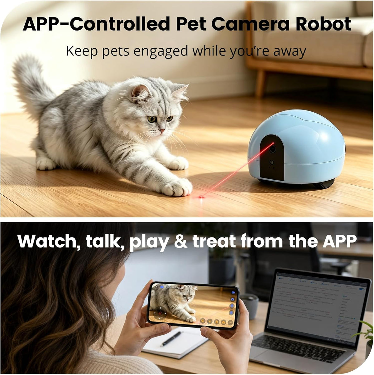 Pet Camera Robot with Treat Dispenser & Laser, Mobile Cat & Dog Home Companion, Remote Control Pet Monitor with