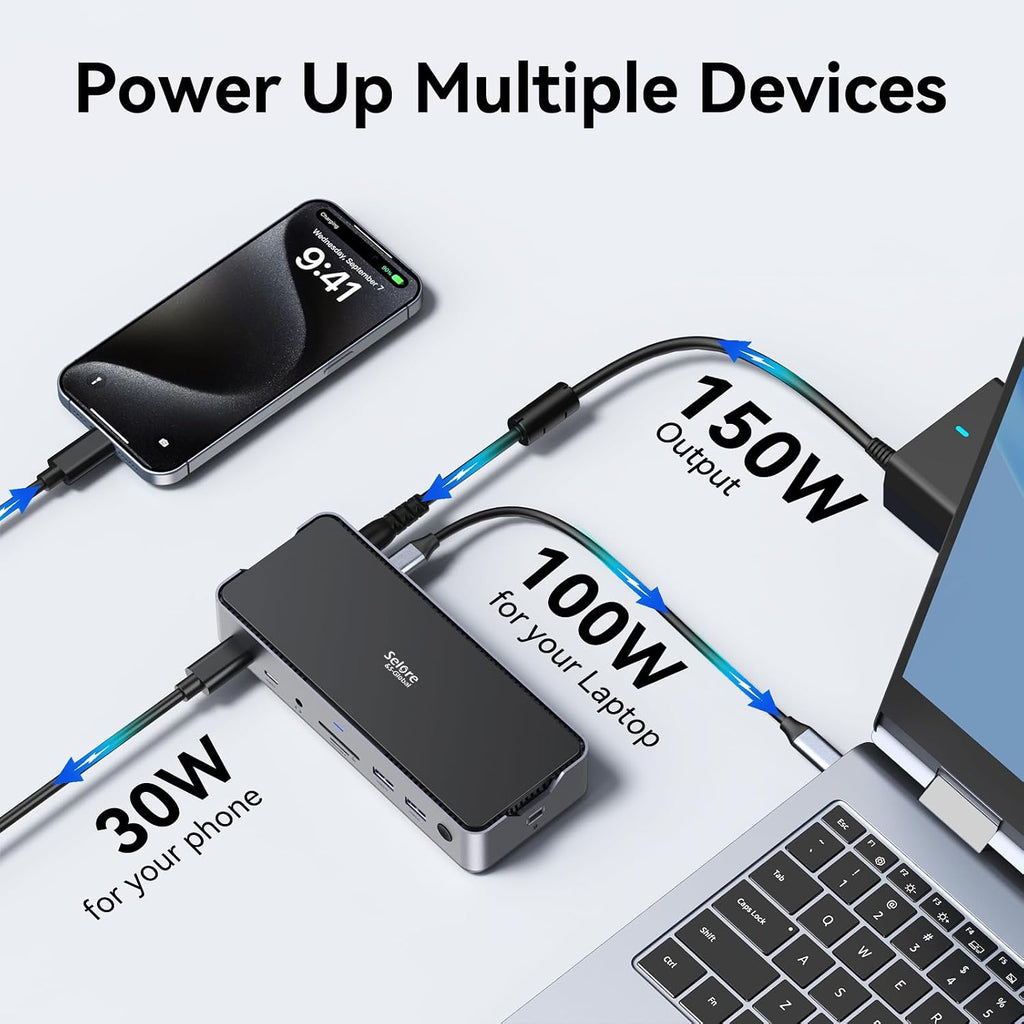 USB C Laptop Docking Station 3 Monitors,150W DC Power for Dell/Lenovo/HP | 2 HDMI DisplayPort 4K@144Hz,USB A